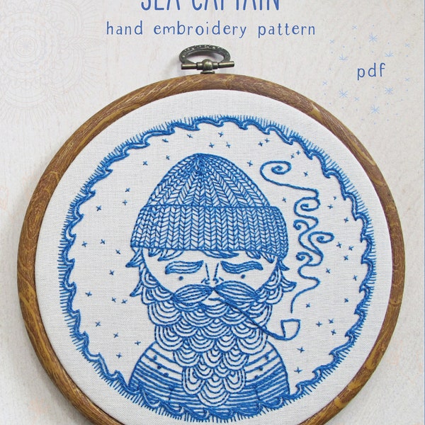 SEA CAPTAIN pdf embroidery pattern, sailor design, embroidery design, nautical theme, salty sailor man, beard man with pipe, by cozyblue