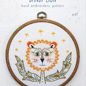 DANDY LION - pdf embroidery pattern, embroidery hoop art, DIY stitching, dandelion flower, little lion, yellow and orange lion flower