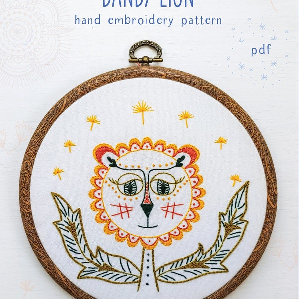 DANDY LION - pdf embroidery pattern, embroidery hoop art, DIY stitching, dandelion flower, little lion, yellow and orange lion flower