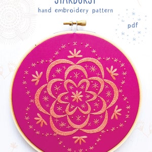 STARBURST pdf embroidery pattern, embroidery hoop art, moon and stars, celestial stitch, mandala embroidery, cozyblue, pink flower image 1