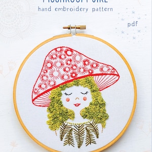 MUSHROOM GIRL pdf embroidery pattern, embroidery hoop art, girl with moss hair, mushroom hat, forest girl, stitched mushroom and moss head image 1