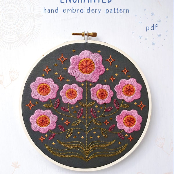ENCHANTED - pdf embroidery pattern, embroidery hoop art, hand embroidery, purple flowers on black, cozyblue, folksy flowers, magic