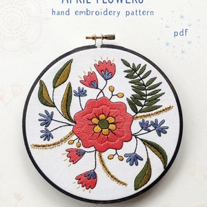 APRIL FLOWERS pdf embroidery pattern, embroidery hoop art, floral bouquet, may flower, floral stitching, embroidered flowers black outline image 1