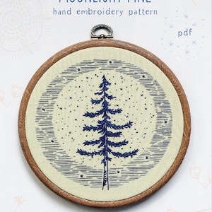 MOONLIGHT PINE pdf embroidery pattern, embroidery hoop art, hand embroidery, blue moon, full moon, pine tree, summer sky, starry sky, tree image 1