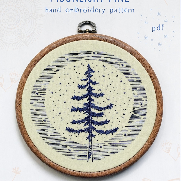 MOONLIGHT PINE - pdf Stickmuster, Stickrahmen Kunst, Handstickerei, blauer Mond, Vollmond, Kiefer, Sommerhimmel, Sternenhimmel, Baum