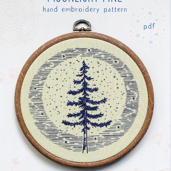 MOONLIGHT PINE - pdf embroidery pattern, embroidery hoop art, hand embroidery, blue moon, full moon, pine tree, summer sky, starry sky, tree