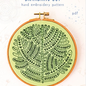 May include: A green embroidery hoop with a black outline of a stylized tree with branches. The text "BRANCHING OUT" and "hand embroidery pattern" are above the hoop. The text "pdf" is in the upper right corner of the image. The text "COZYBLUE handmade" is at the bottom of the image.