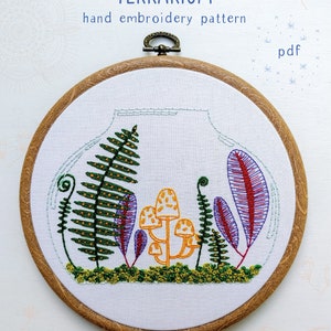 TERRARIUM - pdf embroidery pattern, embroidery hoop art, ferns and moss, terrarium garden, fairy garden, mushrooms and ferns, hand embroider