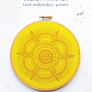 GOLDEN MANDALA pdf embroidery pattern, embroidery hoop art, monochrome, yellow mandala, mandala for hand embroidery, yellow flower image 1