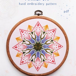 MARKET DAY pdf embroidery pattern, embroidery hoop art, hand embroidery, mandala design, folk art, wagon wheel, stitch pattern image 1
