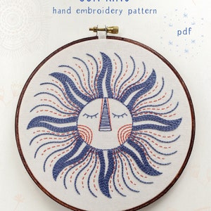 SUN KING pdf embroidery pattern, embroidery hoop art, sun face, sleepy sun, celestial design, sun and moon, sunshine, hand embroidery image 1