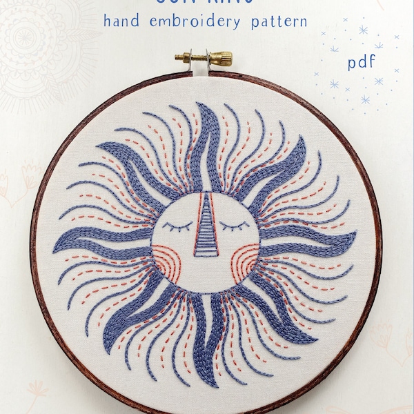 SUN KING - pdf embroidery pattern, embroidery hoop art, sun face, sleepy sun, celestial design, sun and moon, sunshine, hand embroidery