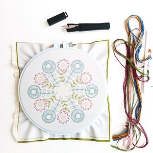 SUNNY FOLK pdf embroidery pattern, embroidery hoop, digital download, meditative stitching, folk flowers, radial repeat, mod flowers image 2