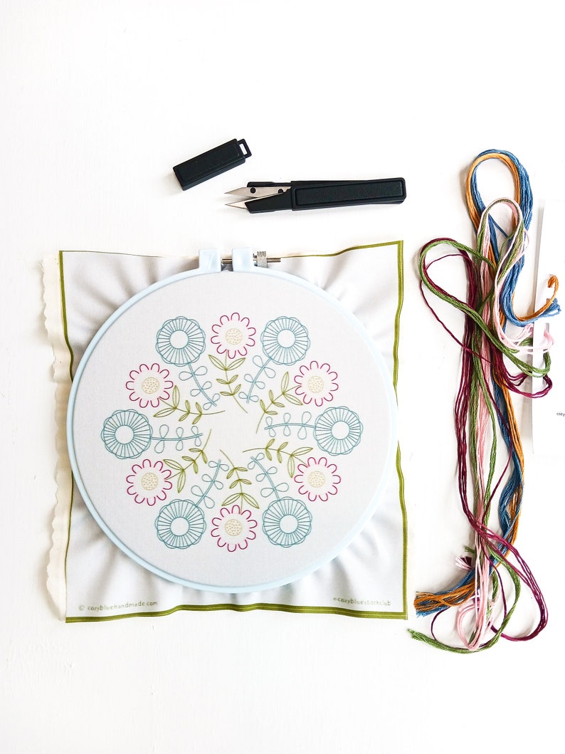 SUNNY FOLK pdf embroidery pattern, embroidery hoop, digital download, meditative stitching, folk flowers, radial repeat, mod flowers image 2