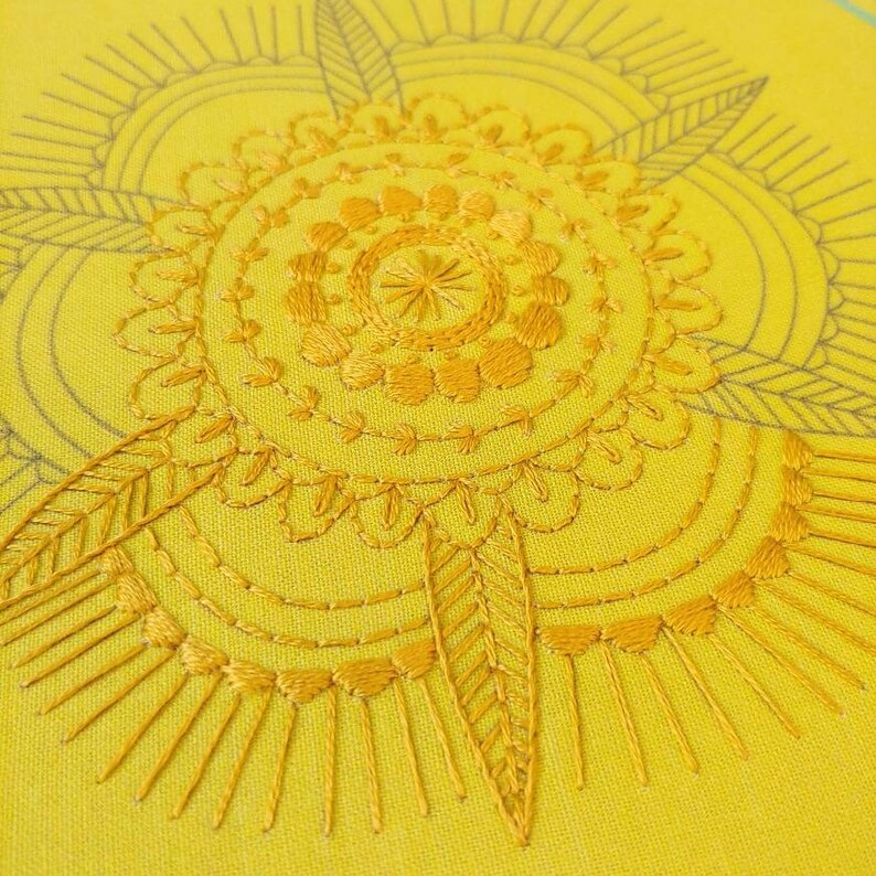 GOLDEN MANDALA pdf embroidery pattern, embroidery hoop art, monochrome, yellow mandala, mandala for hand embroidery, yellow flower image 5