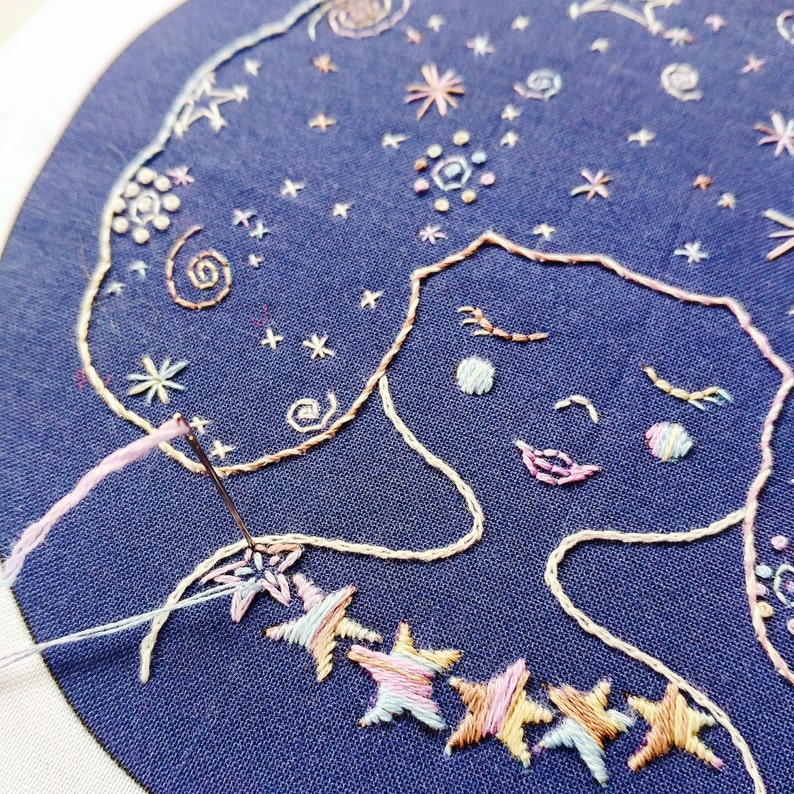 GALAXY GIRL pdf embroidery pattern, DIY stitching, constellations, night sky, girl with stars in her hair, celestial girl, astrological image 3