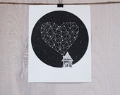 screenprint - STAR HEART - stargazing series, celestial print, modern illustration, night sky design, house with heart, heart of stars