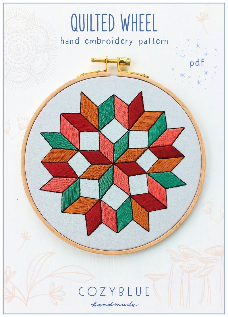 QUILTED WHEEL pdf embroidery pattern, embroidery hoop art, stitching, quilt design, carpenters wheel, embroidered quilt, geometric image 1