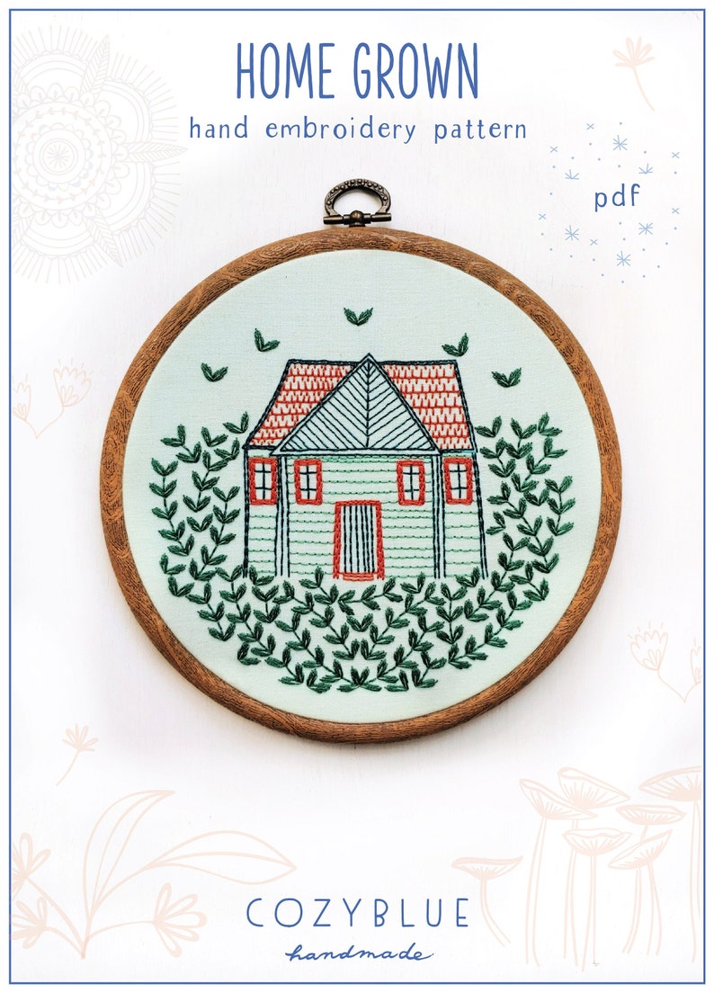 HOME GROWN pdf embroidery pattern, embroidery hoop art, cabin in the woods, cozy cottage, forest home, house and vines, tiny house design image 1