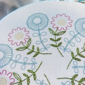 SUNNY FOLK pdf embroidery pattern, embroidery hoop, digital download, meditative stitching, folk flowers, radial repeat, mod flowers image 3