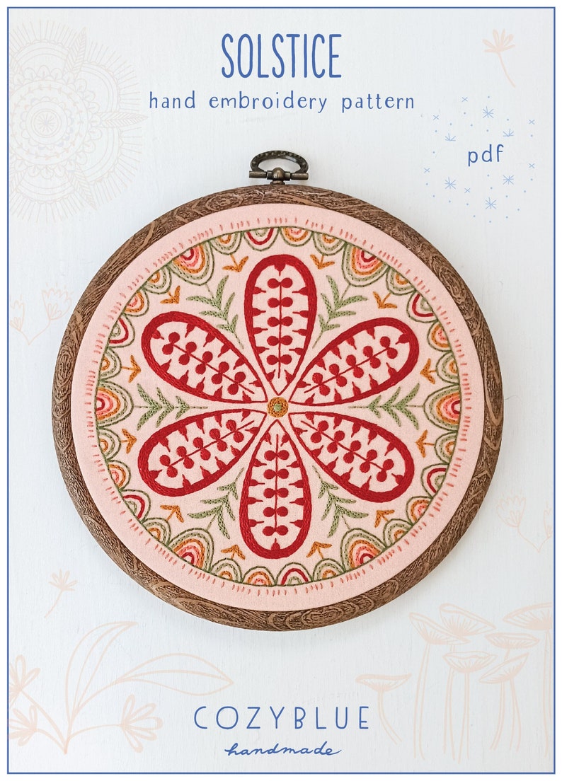 SOLSTICE pdf embroidery pattern, embroidery hoop art, mandala for hand embroidery, cozyblue handmade, leaves and flowers, cozy vibes image 1