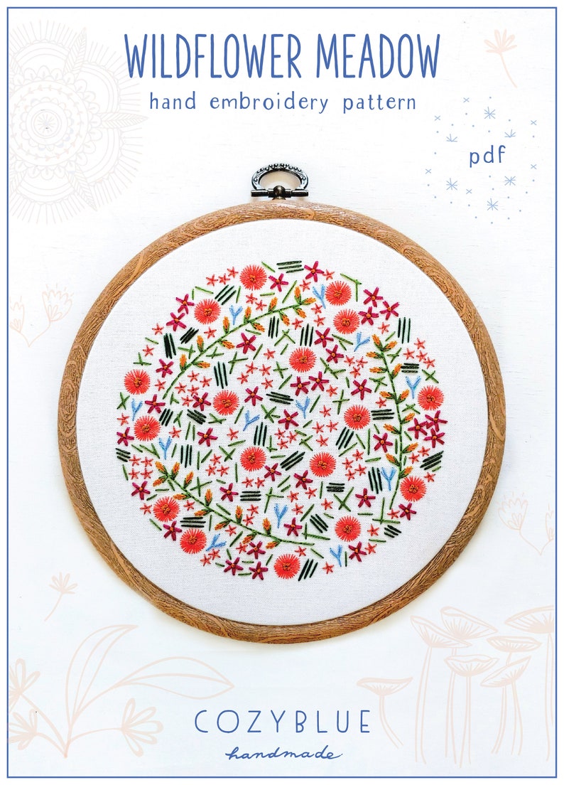 WILDFLOWER MEADOW pdf embroidery pattern, embroidery hoop art, hand embroidered, floral field, summer meadow, wildflowers, field of flower image 1