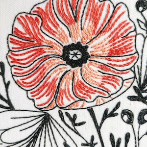POPPY POWER - pdf embroidery pattern, embroidery hoop art, flower power, california wildflower, tattoo style, black work, coral pink poppy image 2