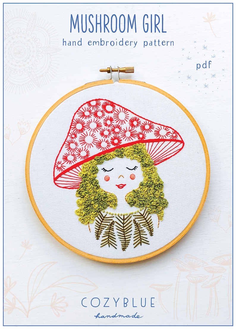 MUSHROOM GIRL pdf embroidery pattern, embroidery hoop art, girl with moss hair, mushroom hat, forest girl, stitched mushroom and moss head image 1