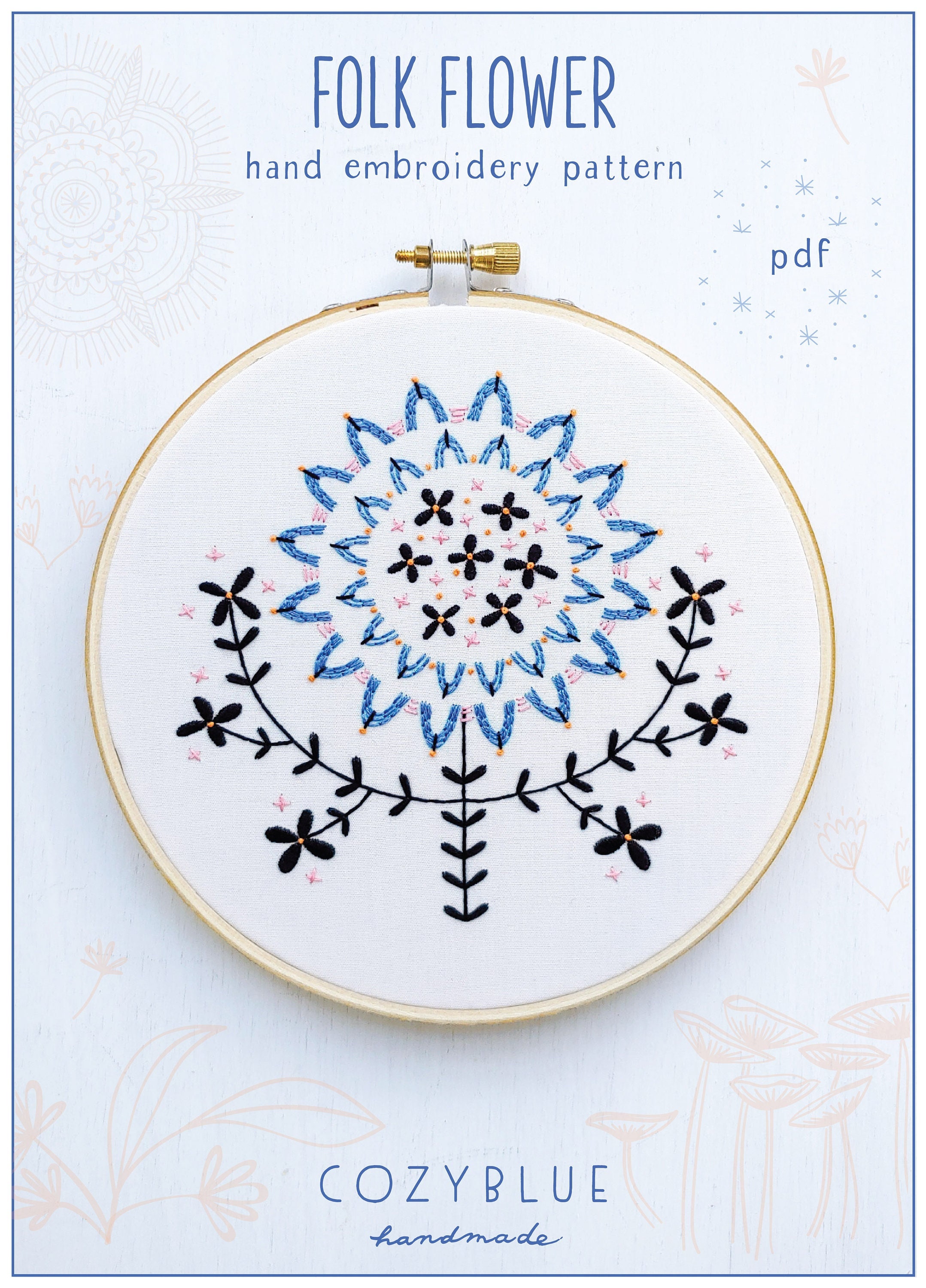 FOLK FLOWER Pdf Embroidery Pattern, Embroidery Hoop Art, Folk Art, Hand  Embroidery, Cozy Blue, Blue and Black -  Ireland
