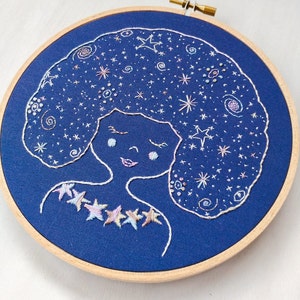 GALAXY GIRL pdf embroidery pattern, DIY stitching, constellations, night sky, girl with stars in her hair, celestial girl, astrological image 2