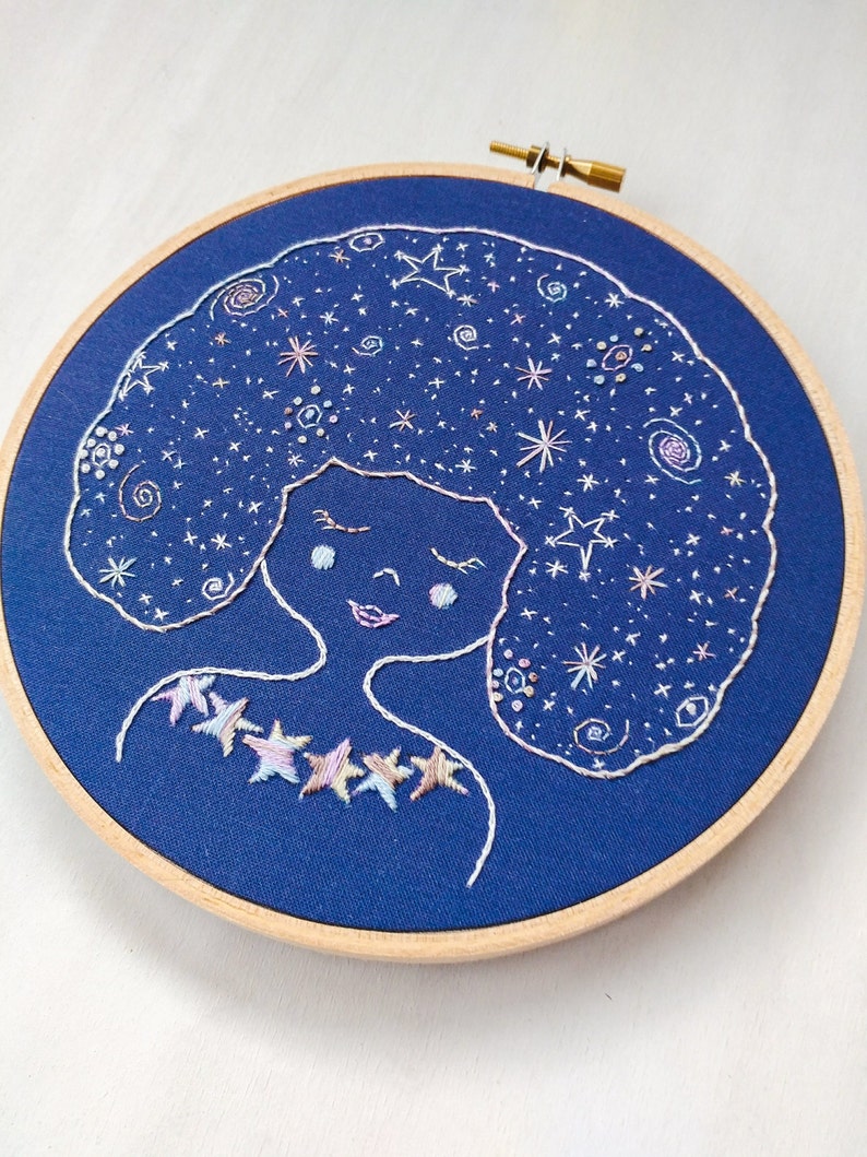 GALAXY GIRL pdf embroidery pattern, DIY stitching, constellations, night sky, girl with stars in her hair, celestial girl, astrological image 2