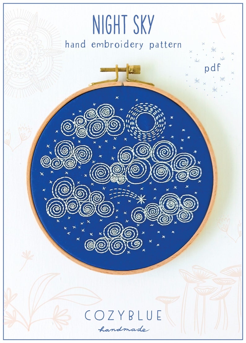 NIGHT SKY pdf embroidery pattern, embroidery hoop art, phases of the moon, la luna, clouds, sashiko style, blue moons, celestial, stars image 1