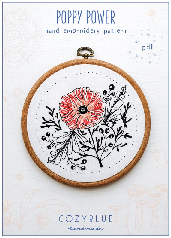POPPY POWER - pdf embroidery pattern, embroidery hoop art, flower power, california wildflower, tattoo style, black work, coral pink poppy