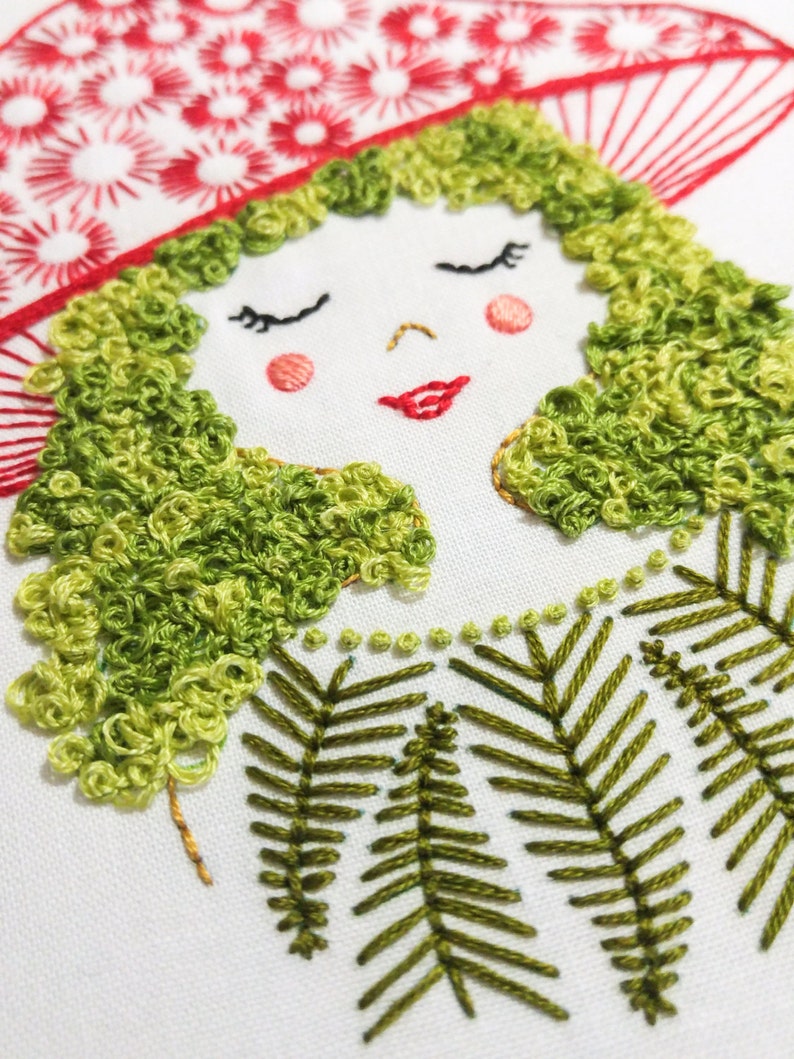 MUSHROOM GIRL pdf embroidery pattern, embroidery hoop art, girl with moss hair, mushroom hat, forest girl, stitched mushroom and moss head image 3