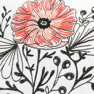 POPPY POWER - pdf embroidery pattern, embroidery hoop art, flower power, california wildflower, tattoo style, black work, coral pink poppy image 3