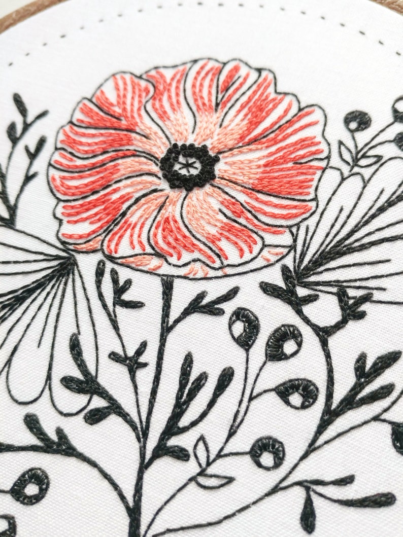 POPPY POWER - pdf embroidery pattern, embroidery hoop art, flower power, california wildflower, tattoo style, black work, coral pink poppy image 3