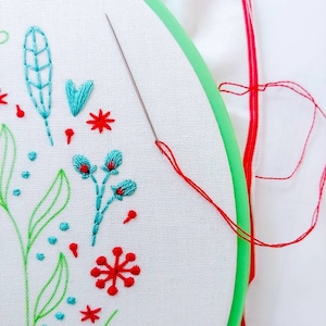 May include: A close-up of a white fabric with embroidery of green leaves, blue flowers, and red flowers. A needle and red thread are visible in the image.