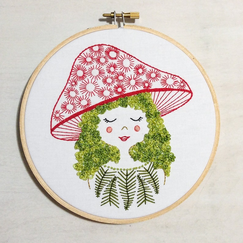 MUSHROOM GIRL pdf embroidery pattern, embroidery hoop art, girl with moss hair, mushroom hat, forest girl, stitched mushroom and moss head image 2