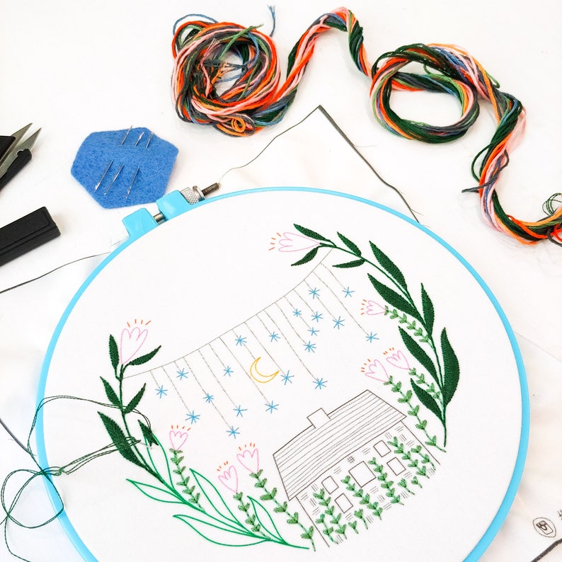 GOLDEN SLUMBERS pdf embroidery pattern, embroidery hoop art, hand embroidery, house under the stars, home sweet home, flower garden image 4