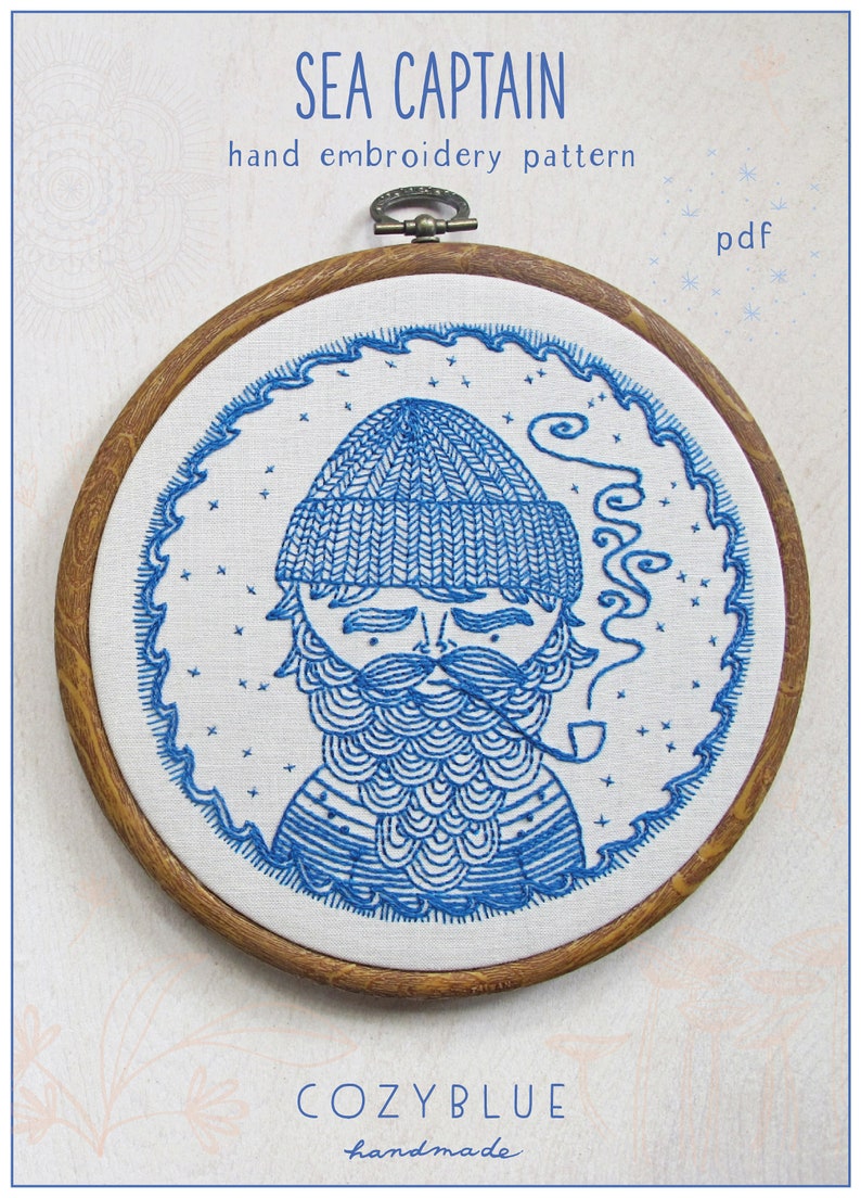 SEA CAPTAIN pdf embroidery pattern, sailor design, embroidery design, nautical theme, salty sailor man, beard man with pipe, by cozyblue image 1