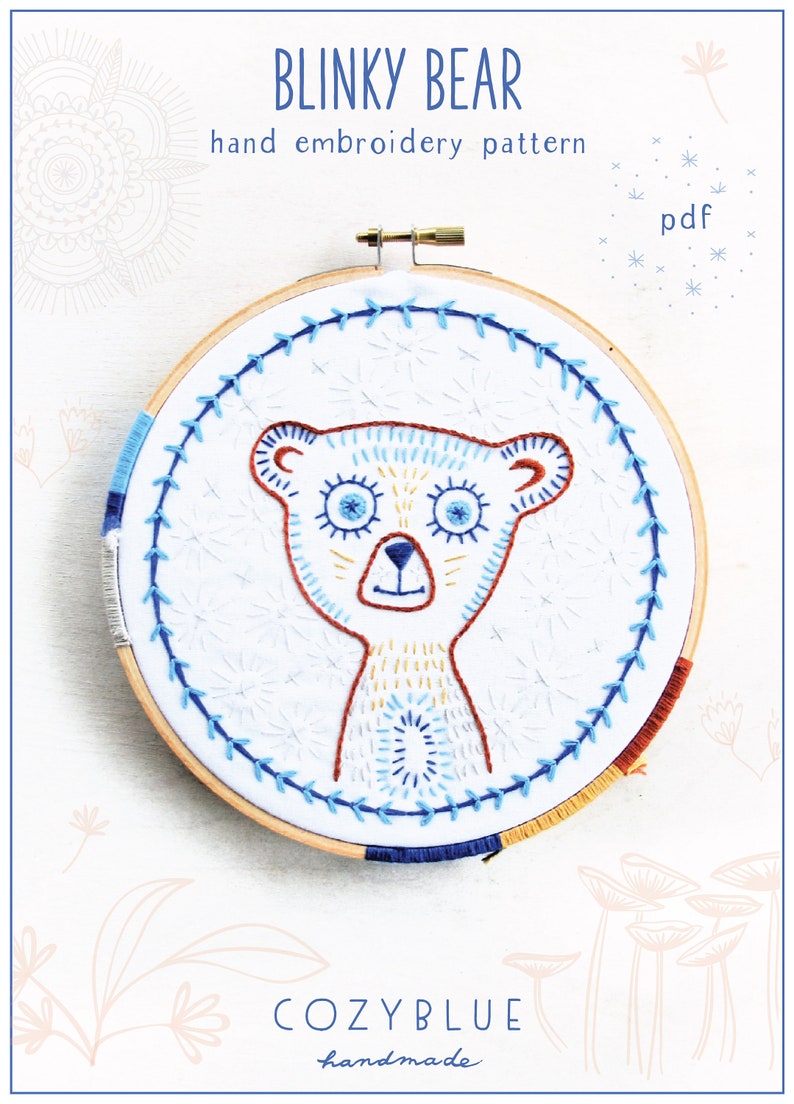 BLINKY BEAR pdf embroidery pattern, sweet bear face, blue and brown bear, embroidery hoop art, by cozyblue on etsy 