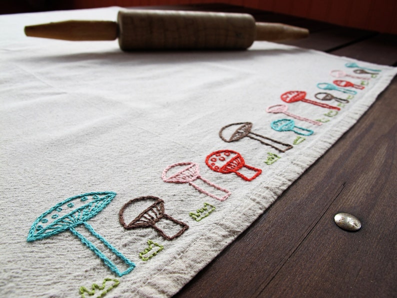 MUSHROOM ROW pdf embroidery pattern, tea towel edging, border design, row of mushrooms, wee toadstools image 2