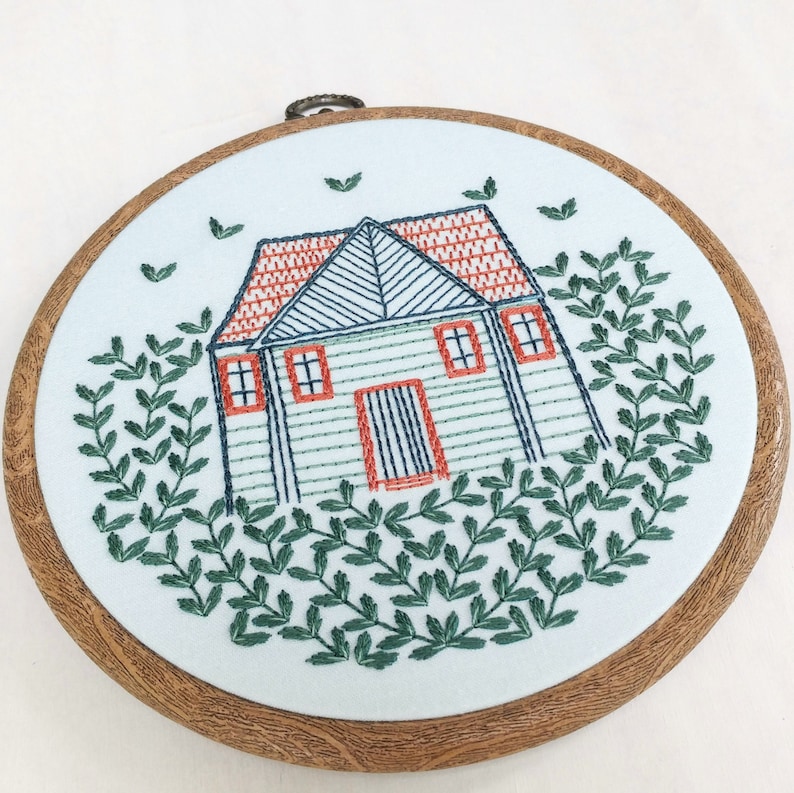 HOME GROWN pdf embroidery pattern, embroidery hoop art, cabin in the woods, cozy cottage, forest home, house and vines, tiny house design image 4