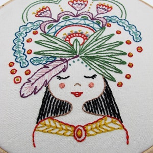 FLOWER GIRL pdf embroidery pattern, feather and flowers, girl with flower crown, embroidery hoop art, stitch design, cozyblue on etsy image 2