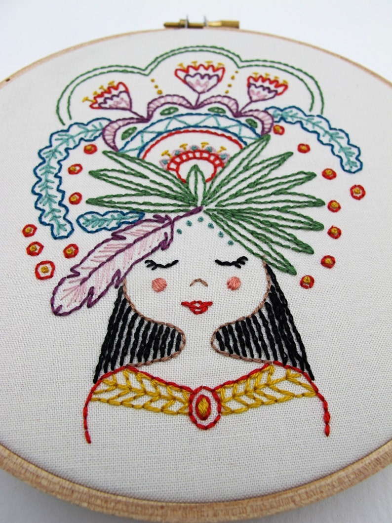 FLOWER GIRL pdf embroidery pattern, feather and flowers, girl with flower crown, embroidery hoop art, stitch design, cozyblue on etsy image 2