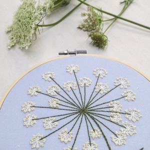 QUEEN ANNES LACE pdf embroidery pattern, embroidery hoop art, wild carrot blossom, lacy white flower cluster, dandelion, summer wildflower image 3