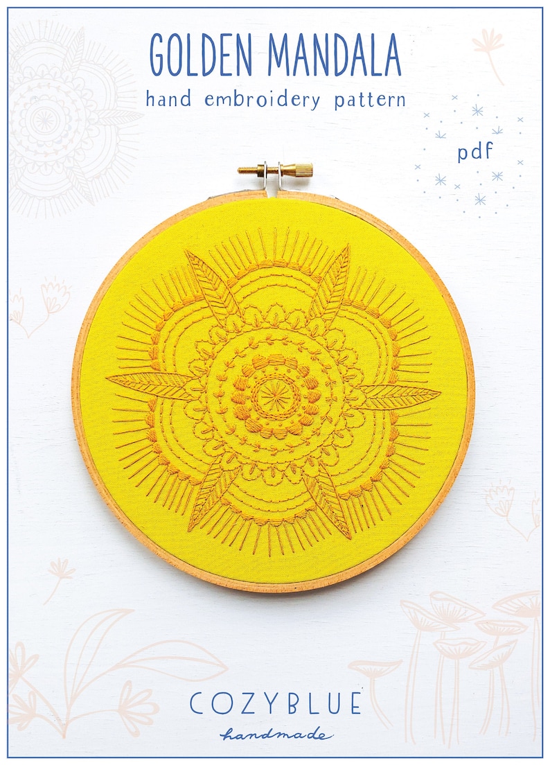 GOLDEN MANDALA pdf embroidery pattern, embroidery hoop art, monochrome, yellow mandala, mandala for hand embroidery, yellow flower image 1