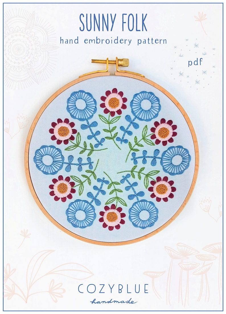 SUNNY FOLK pdf embroidery pattern, embroidery hoop, digital download, meditative stitching, folk flowers, radial repeat, mod flowers image 1