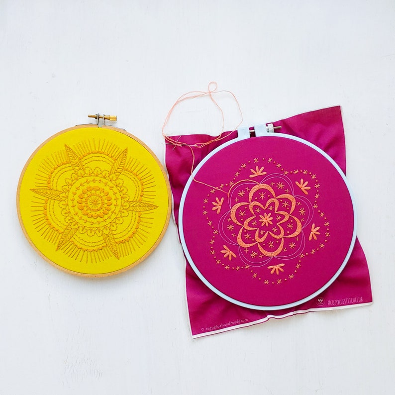 STARBURST pdf embroidery pattern, embroidery hoop art, moon and stars, celestial stitch, mandala embroidery, cozyblue, pink flower image 4