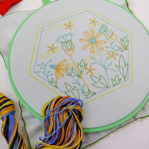 SUMMER BREEZE pdf embroidery pattern, embroidery hoop art, hand embroidery, retro hexie, vintage stoneware inspired, honeycomb, coneflower image 8